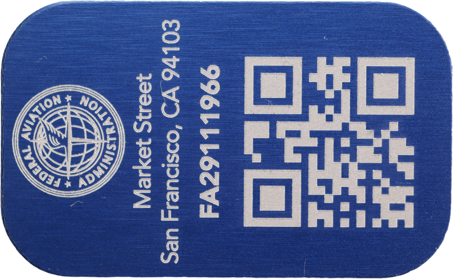 FAA Registration Plate for Drones, QR-Code with 2 address lines, 31x19mm anodized aluminium plate in different colours with FAA Logo