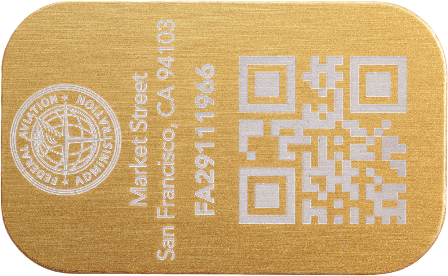 FAA Registration Plate for Drones, QR-Code with 2 address lines, 31x19mm anodized aluminium plate in different colours with FAA Logo