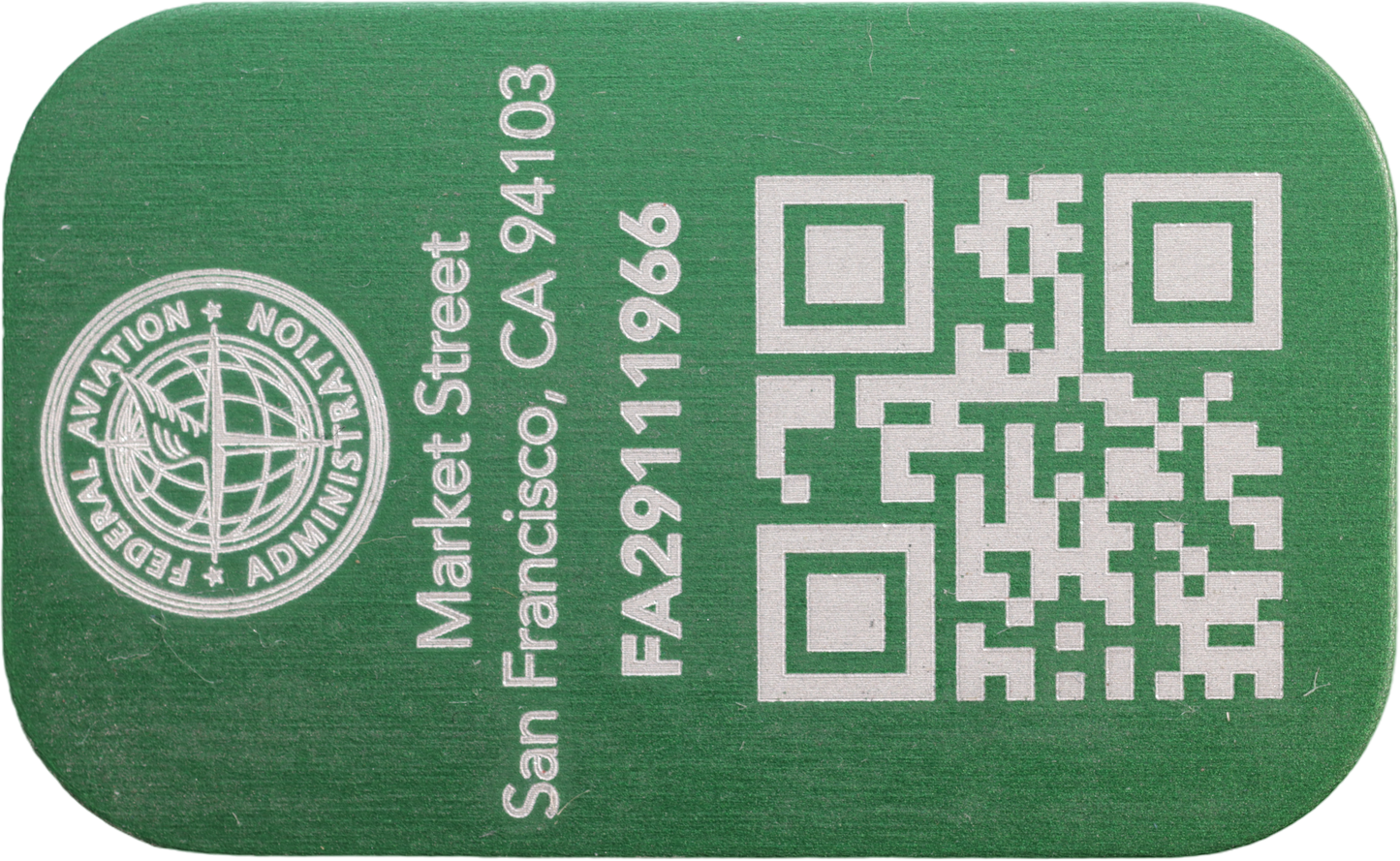 FAA Registration Plate for Drones, QR-Code with 2 address lines, 31x19mm anodized aluminium plate in different colours with FAA Logo