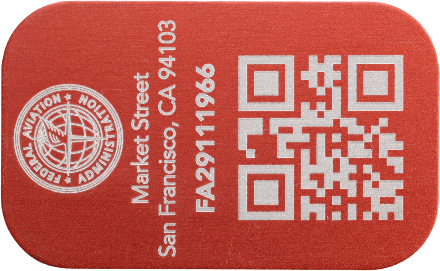 FAA Registration Plate for Drones, QR-Code with 2 address lines, 31x19mm anodized aluminium plate in different colours with FAA Logo