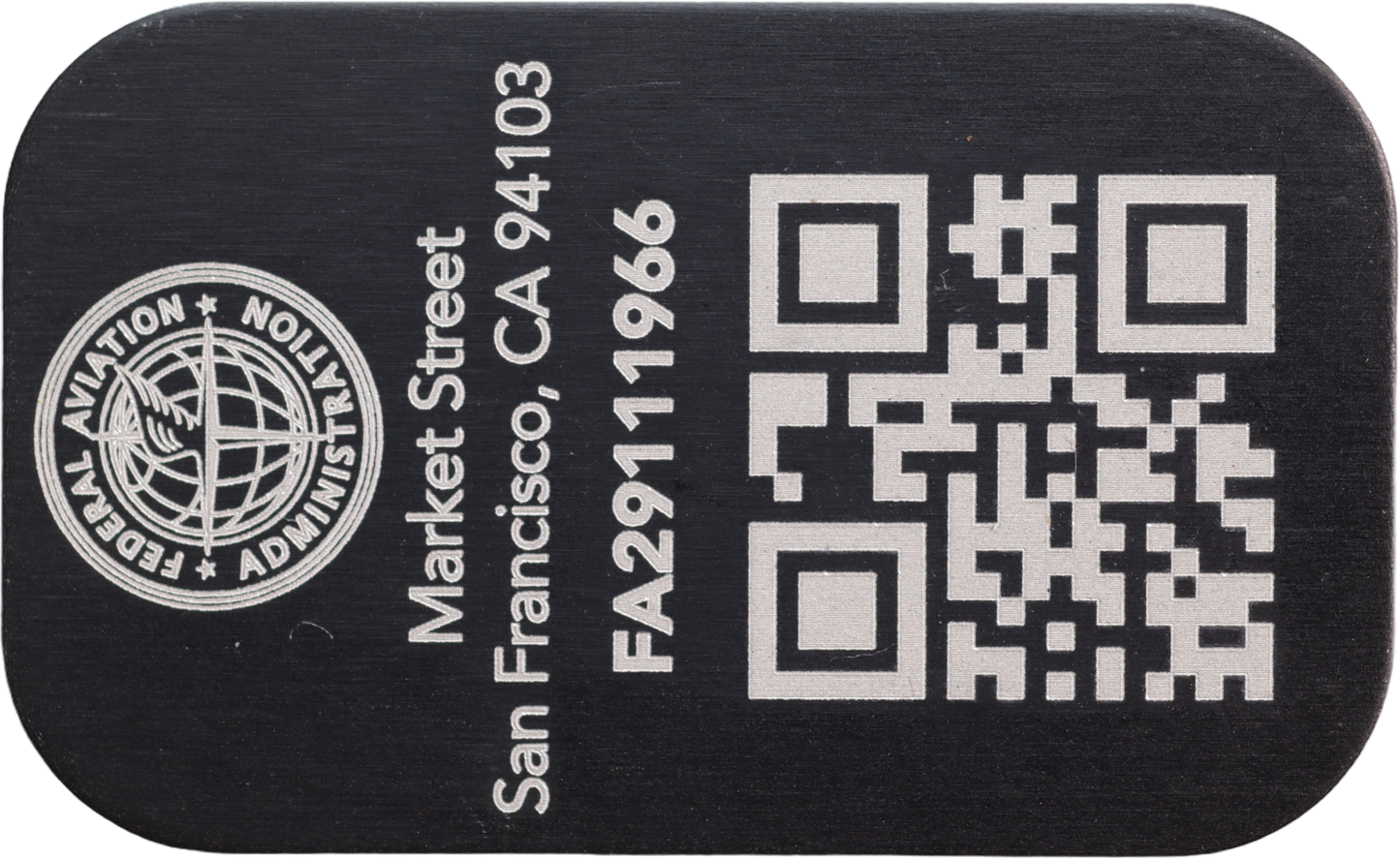 FAA Registration Plate for Drones, QR-Code with 2 address lines, 31x19mm anodized aluminium plate in different colours with FAA Logo