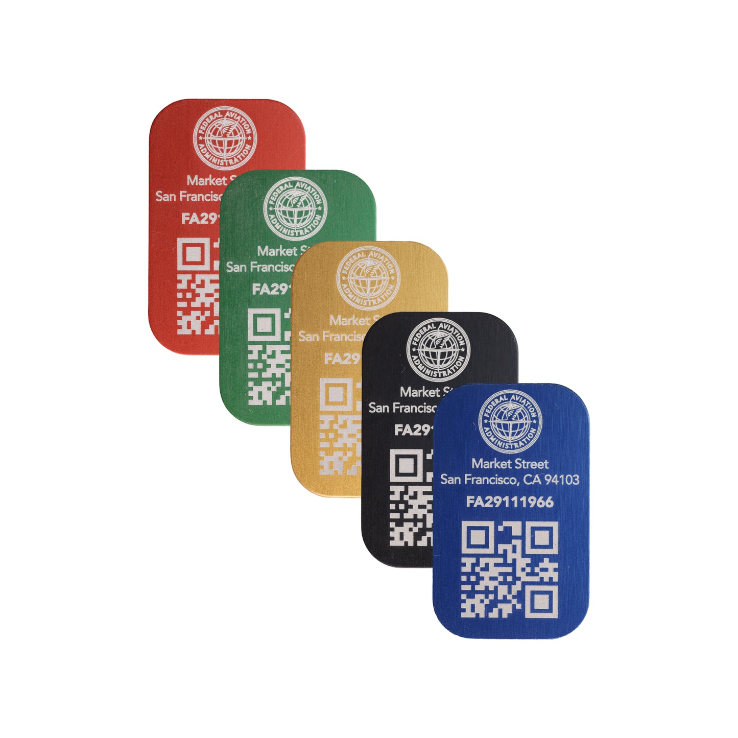 FAA Registration Plate for Drones, QR-Code with 2 address lines, 31x19mm anodized aluminium plate in different colours with FAA Logo